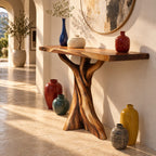 Rustic Live Edge Console Table With Tree Trunk Base For Entryway