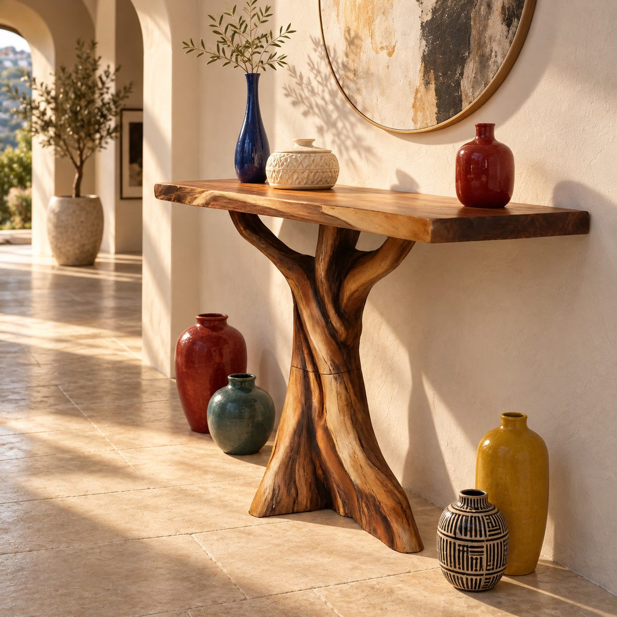 Rustic Live Edge Console Table With Tree Trunk Base For Entryway
