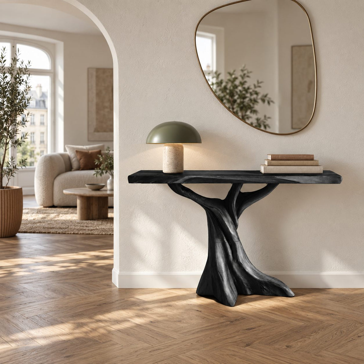 Rustic Live Edge Console Table With Tree Trunk Base For Entryway