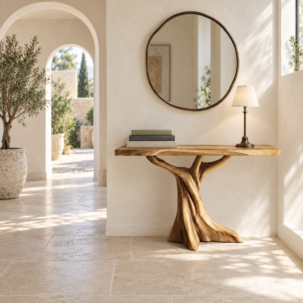 Rustic Live Edge Console Table With Tree Trunk Base For Entryway