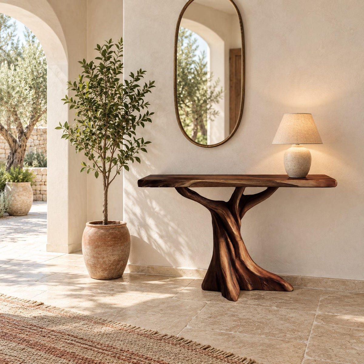Rustic Live Edge Console Table With Tree Trunk Base For Entryway