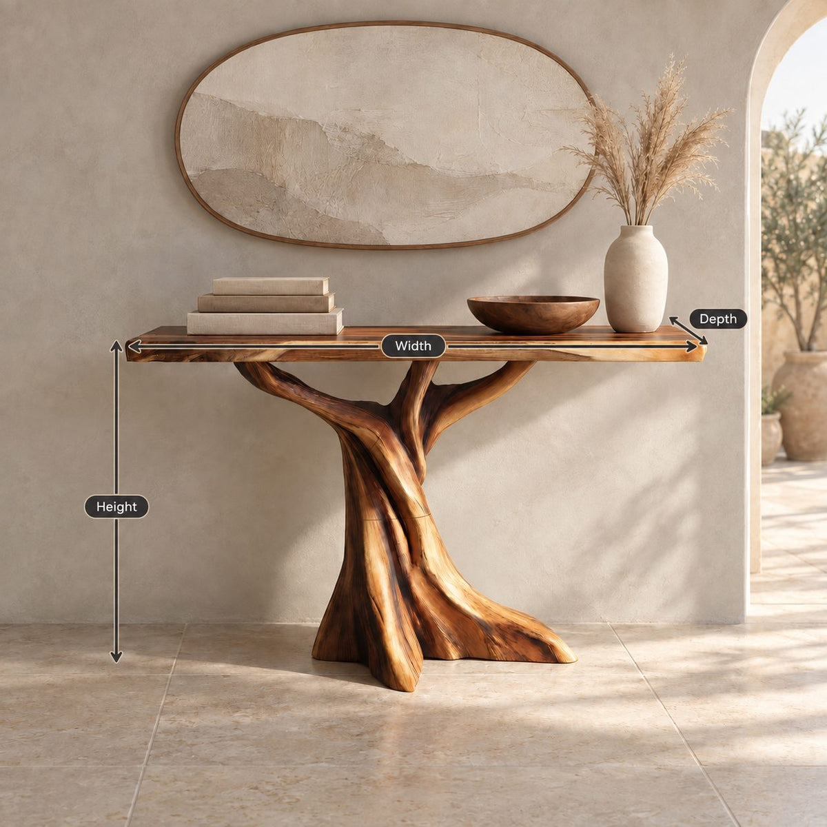 Rustic Live Edge Console Table With Tree Trunk Base For Entryway