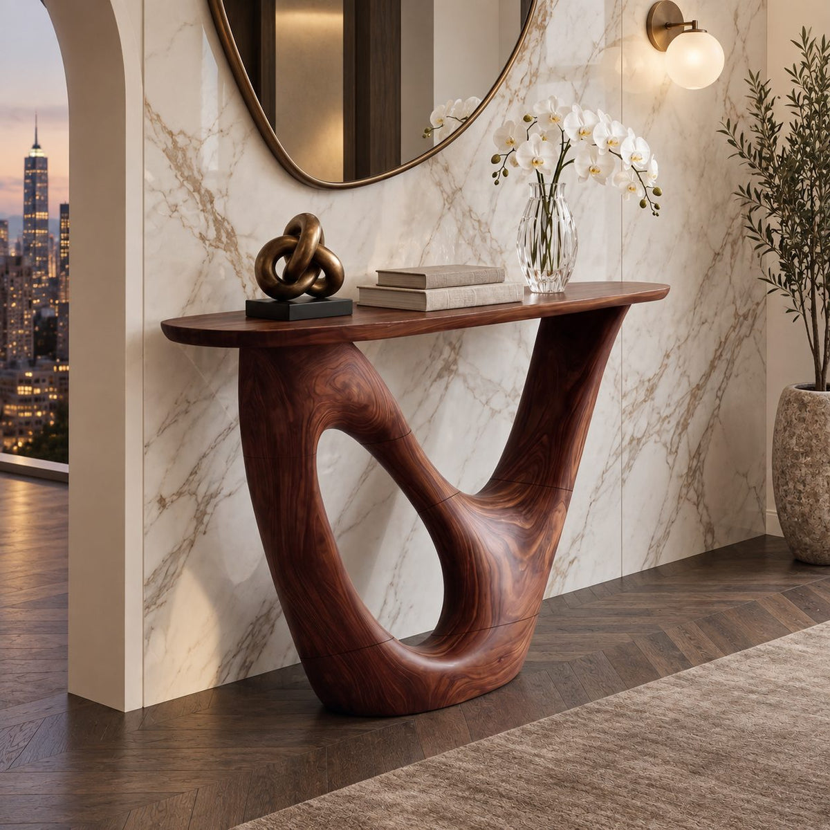 Contemporary Solid Wood Console Table With Open Loop Base For Hallway