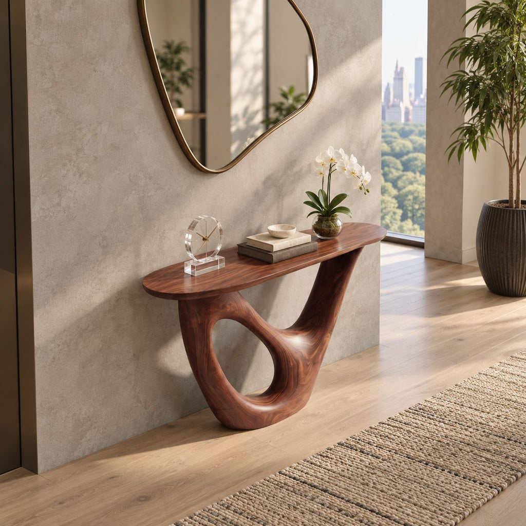 Contemporary Solid Wood Console Table With Open Loop Base For Hallway