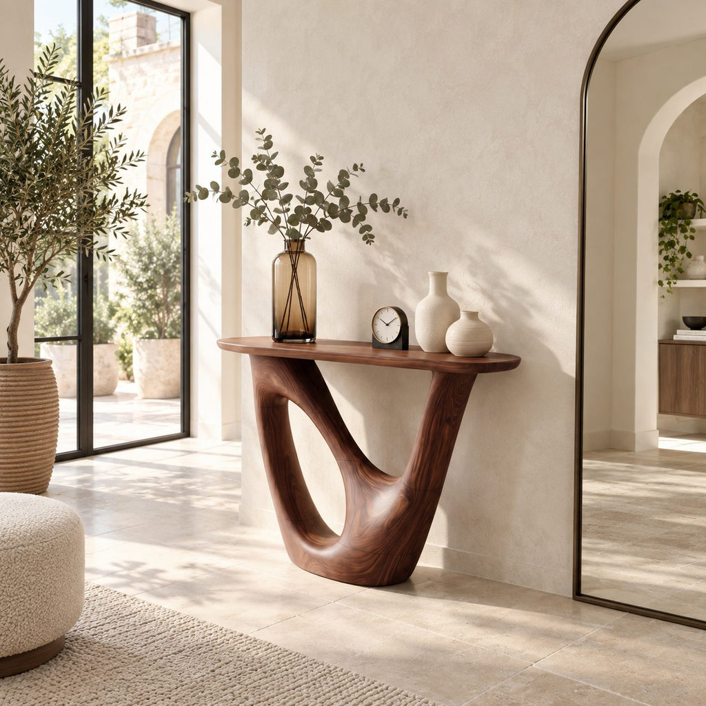 Contemporary Solid Wood Console Table With Open Loop Base For Hallway