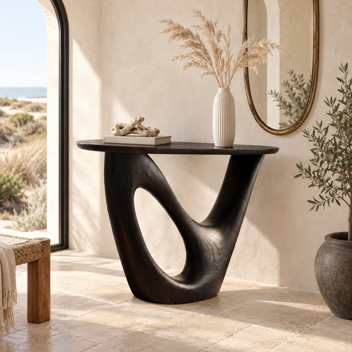 Contemporary Solid Wood Console Table With Open Loop Base For Hallway