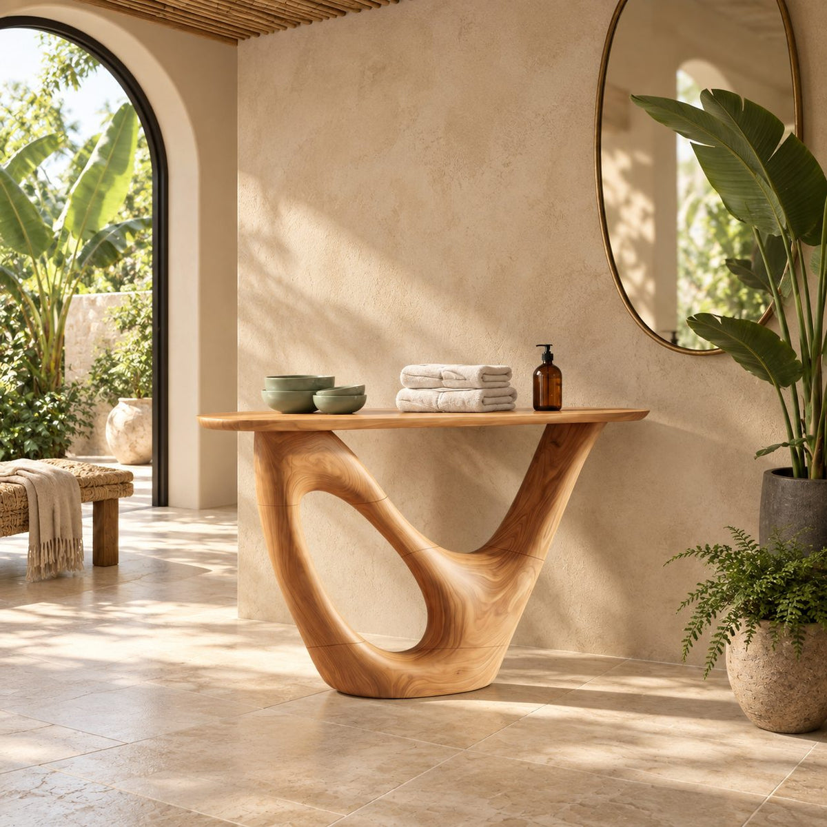 Contemporary Solid Wood Console Table With Open Loop Base For Hallway