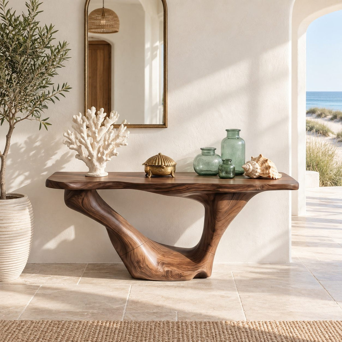 Sculptural Wooden Console Table With Sweeping Arch Base For Foyer