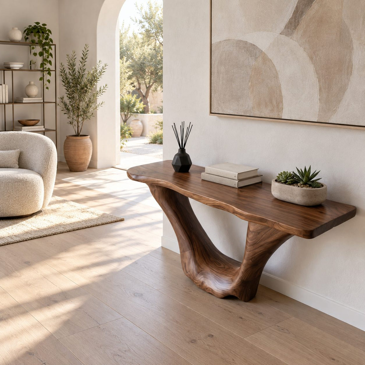 Sculptural Wooden Console Table With Sweeping Arch Base For Foyer