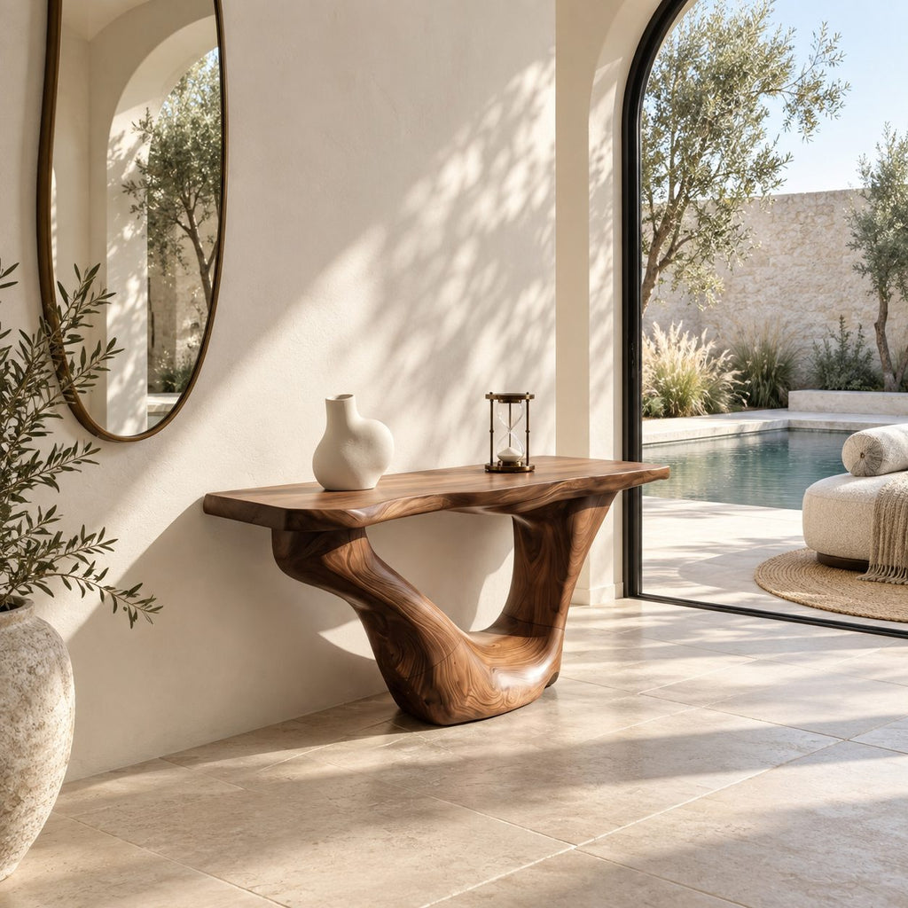 Sculptural Wooden Console Table With Sweeping Arch Base For Foyer
