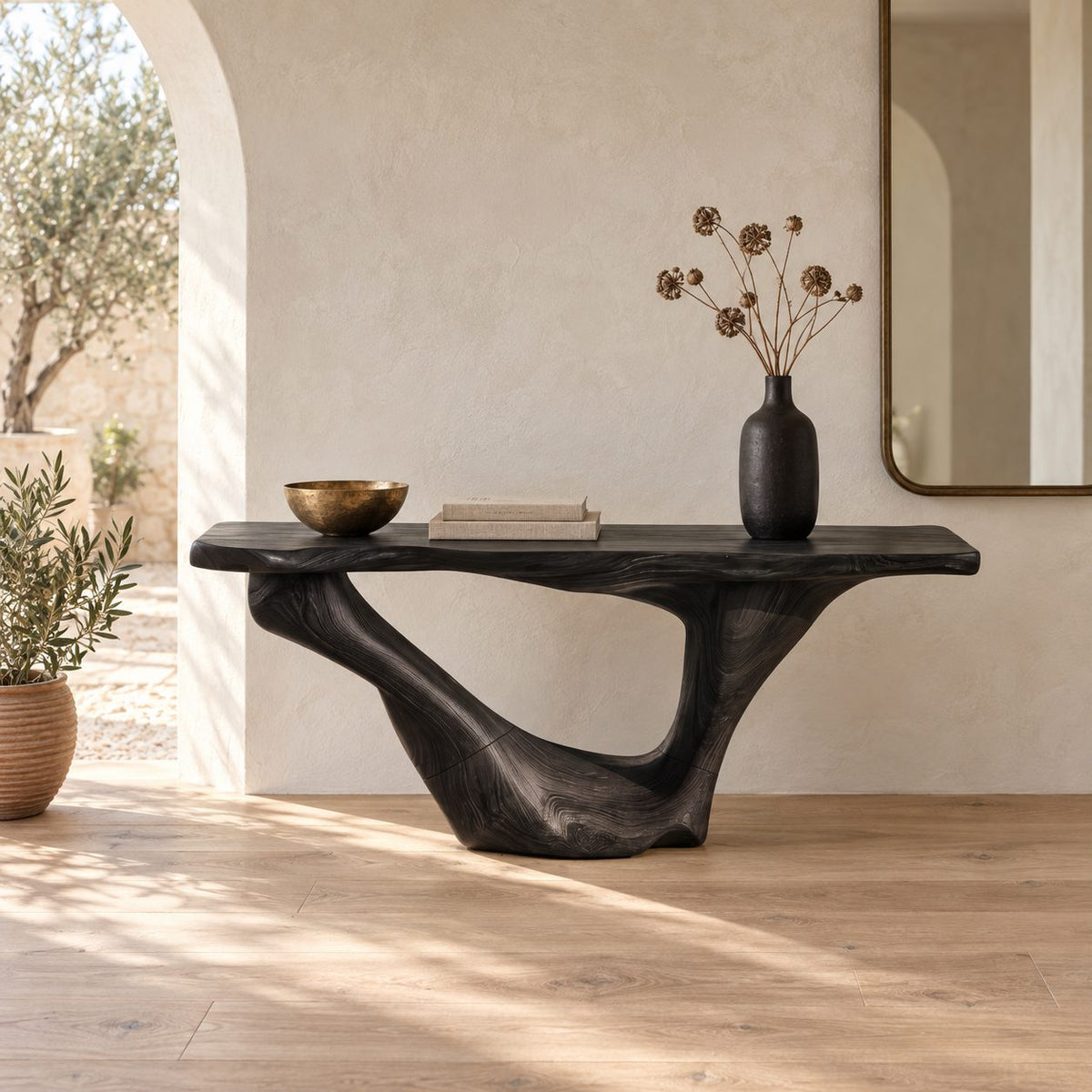 Sculptural Wooden Console Table With Sweeping Arch Base For Foyer