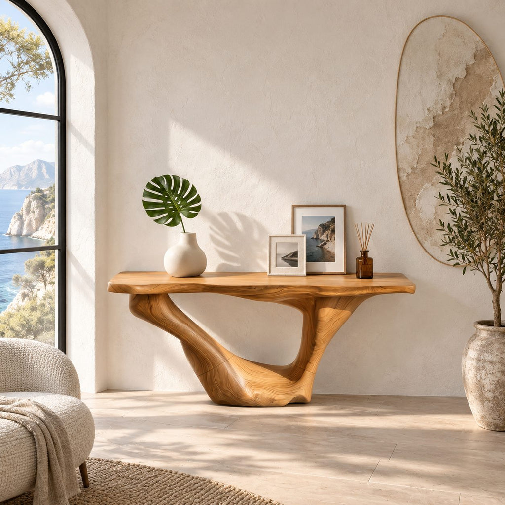 Sculptural Wooden Console Table With Sweeping Arch Base For Foyer