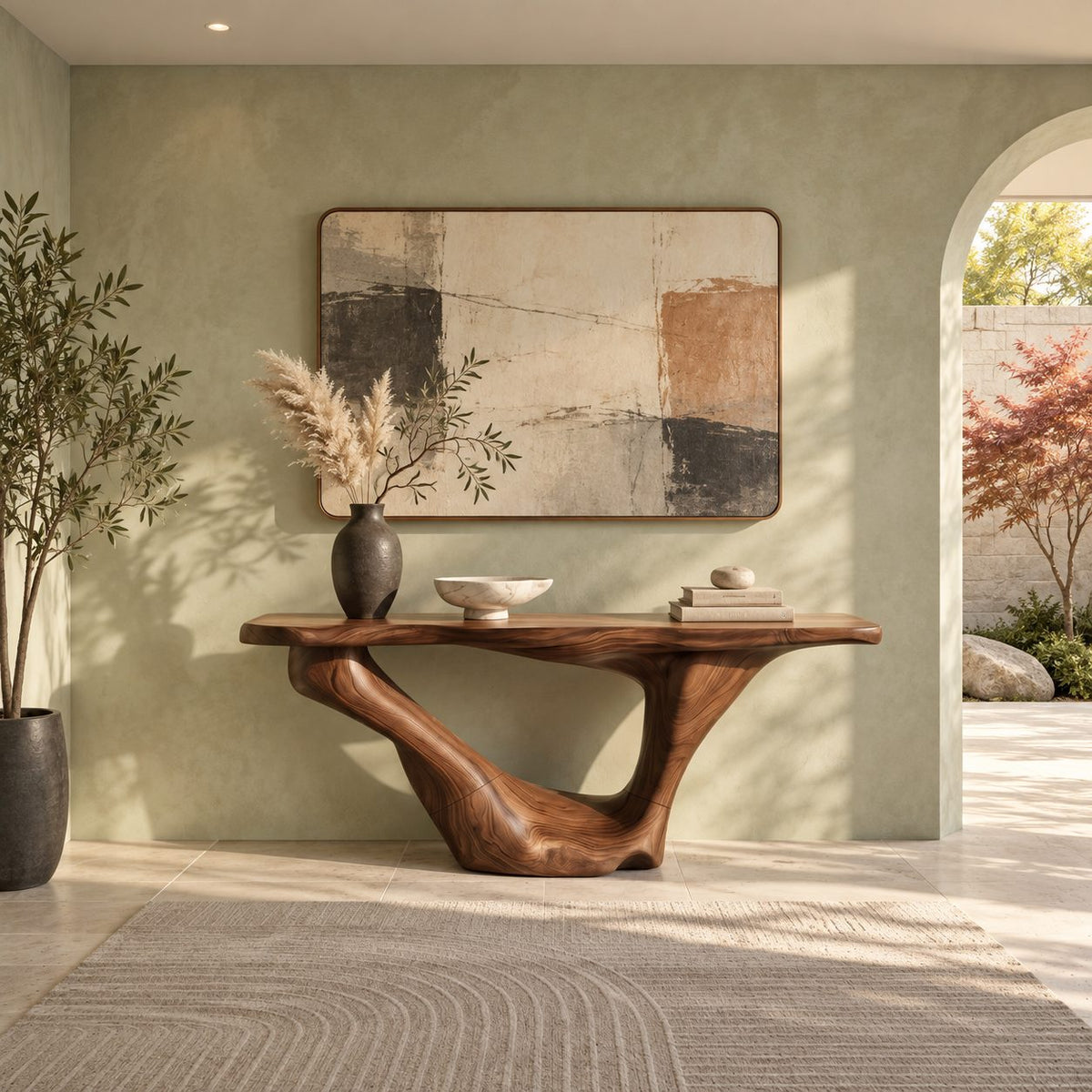 Sculptural Wooden Console Table With Sweeping Arch Base For Foyer