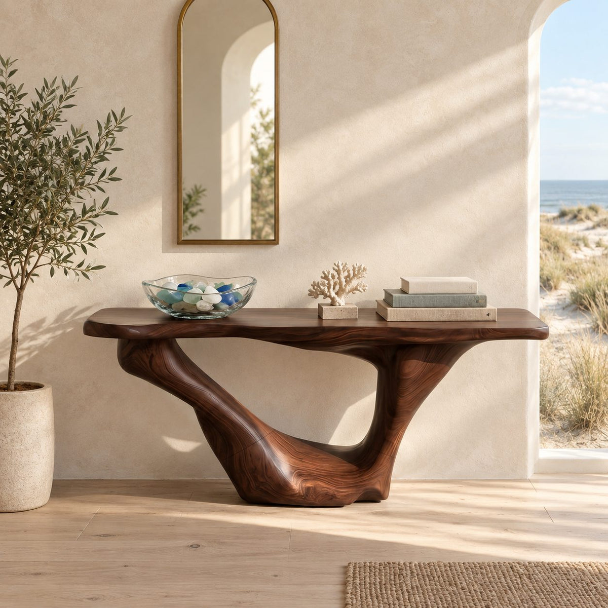 Sculptural Wooden Console Table With Sweeping Arch Base For Foyer