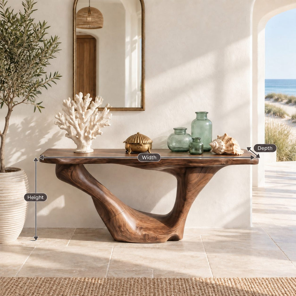 Sculptural Wooden Console Table With Sweeping Arch Base For Foyer