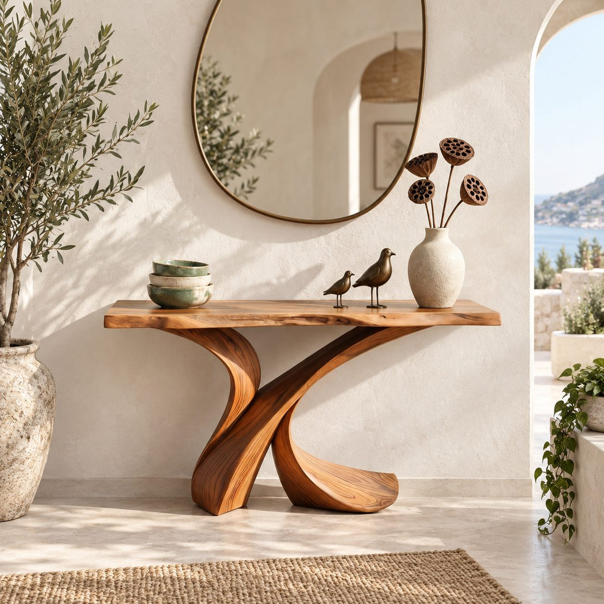 Handcrafted Live Edge Console Table With Crossed Curved Legs For Entryway