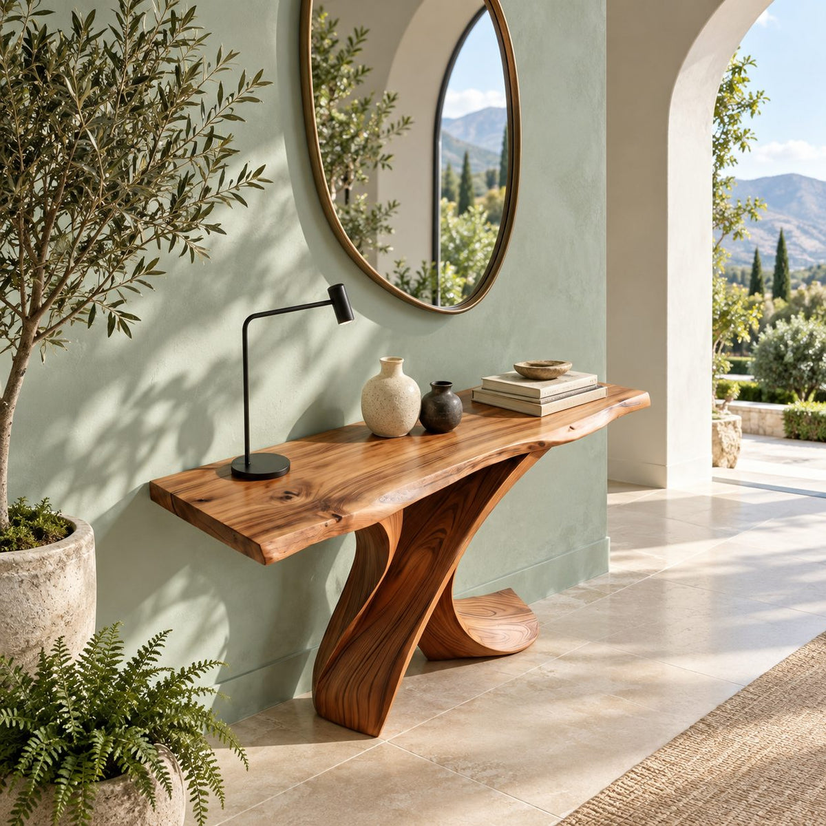 Handcrafted Live Edge Console Table With Crossed Curved Legs For Entryway