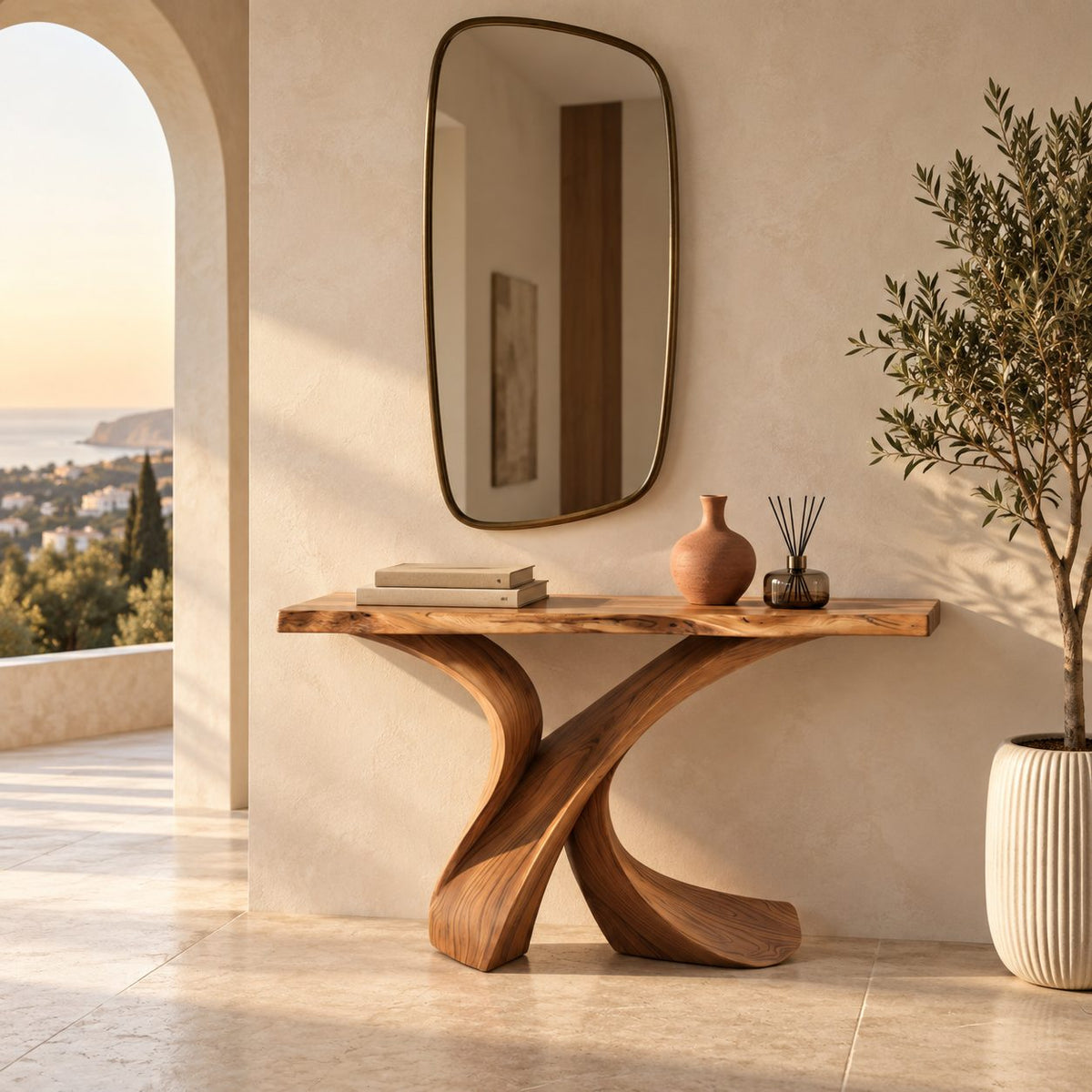 Handcrafted Live Edge Console Table With Crossed Curved Legs For Entryway