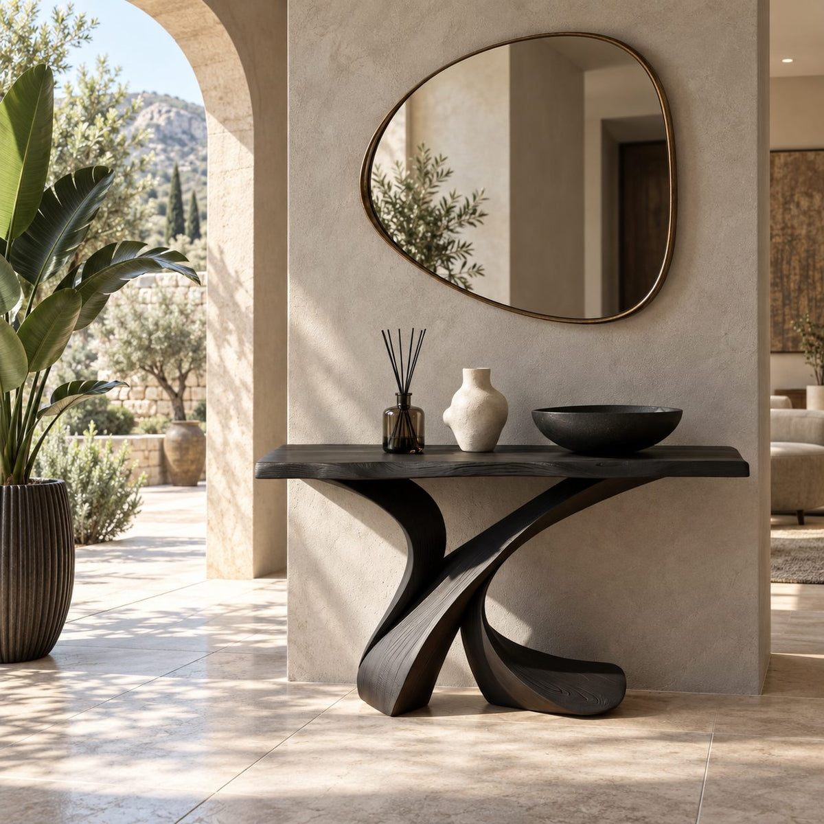 Handcrafted Live Edge Console Table With Crossed Curved Legs For Entryway