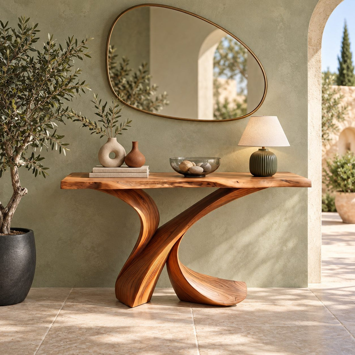 Handcrafted Live Edge Console Table With Crossed Curved Legs For Entryway