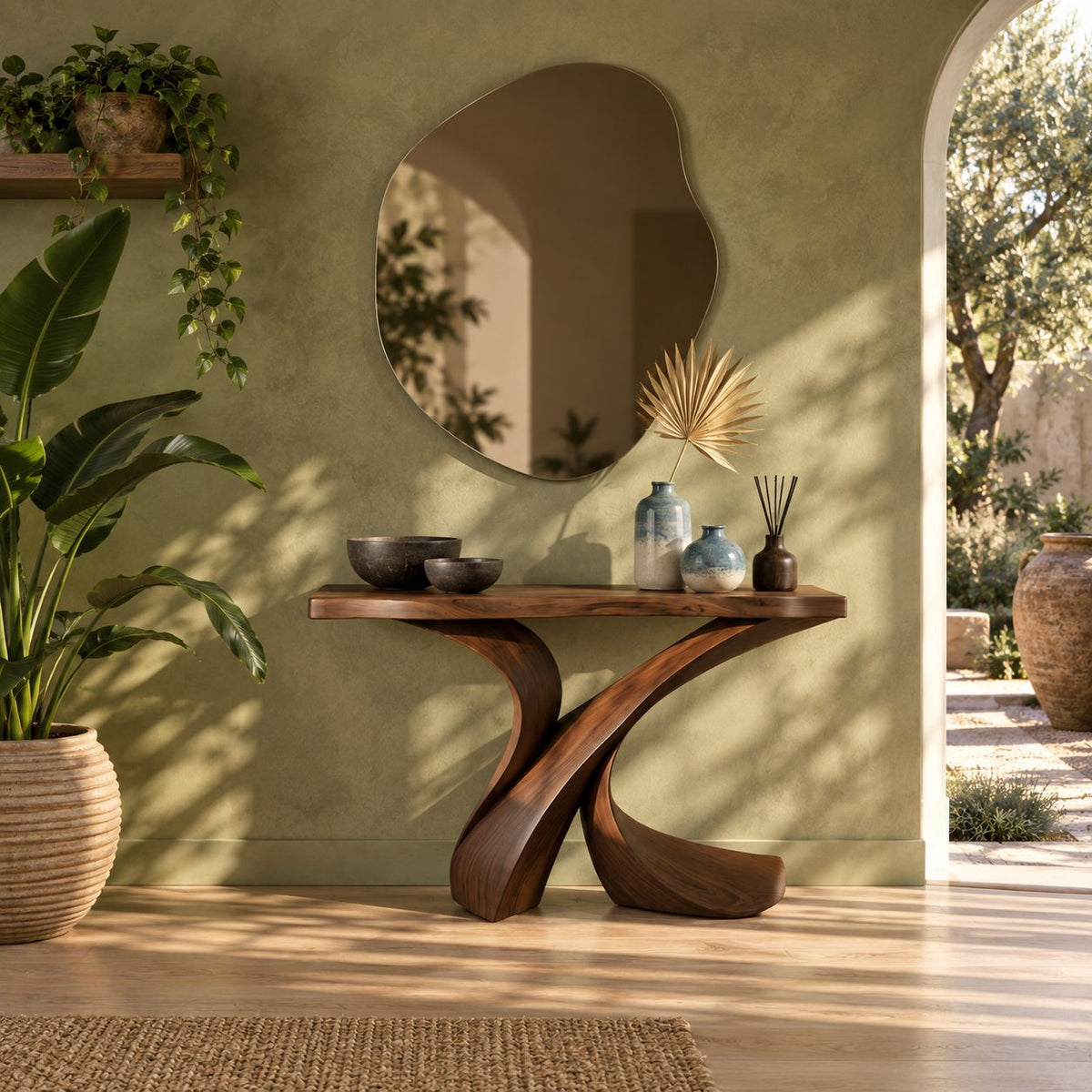 Handcrafted Live Edge Console Table With Crossed Curved Legs For Entryway