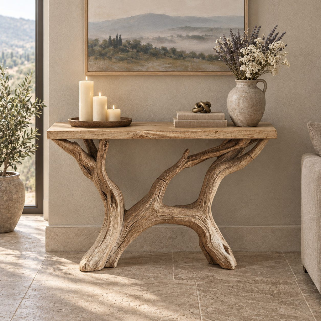 Farmhouse Driftwood Console Table With Natural Branch Legs For Hallway