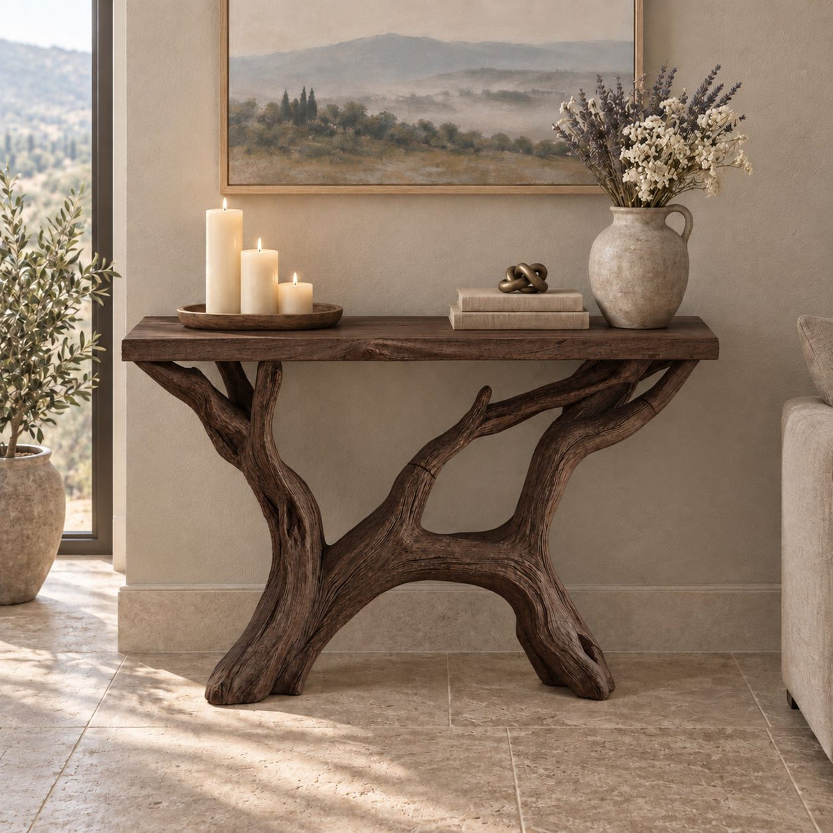 Farmhouse Driftwood Console Table With Natural Branch Legs For Hallway