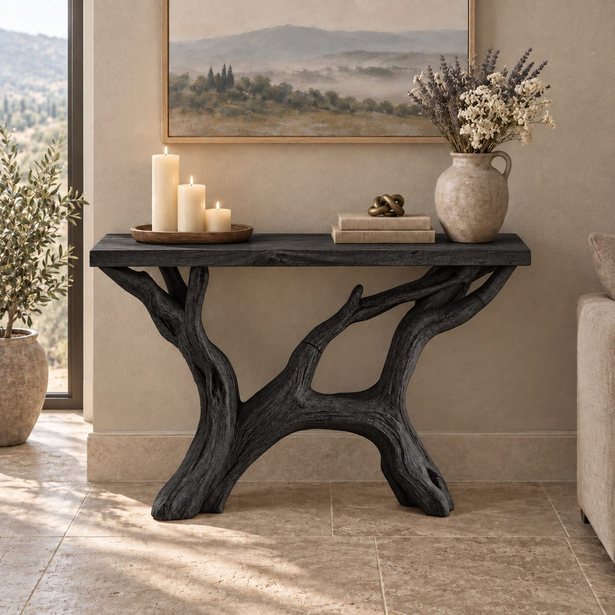 Farmhouse Driftwood Console Table With Natural Branch Legs For Hallway