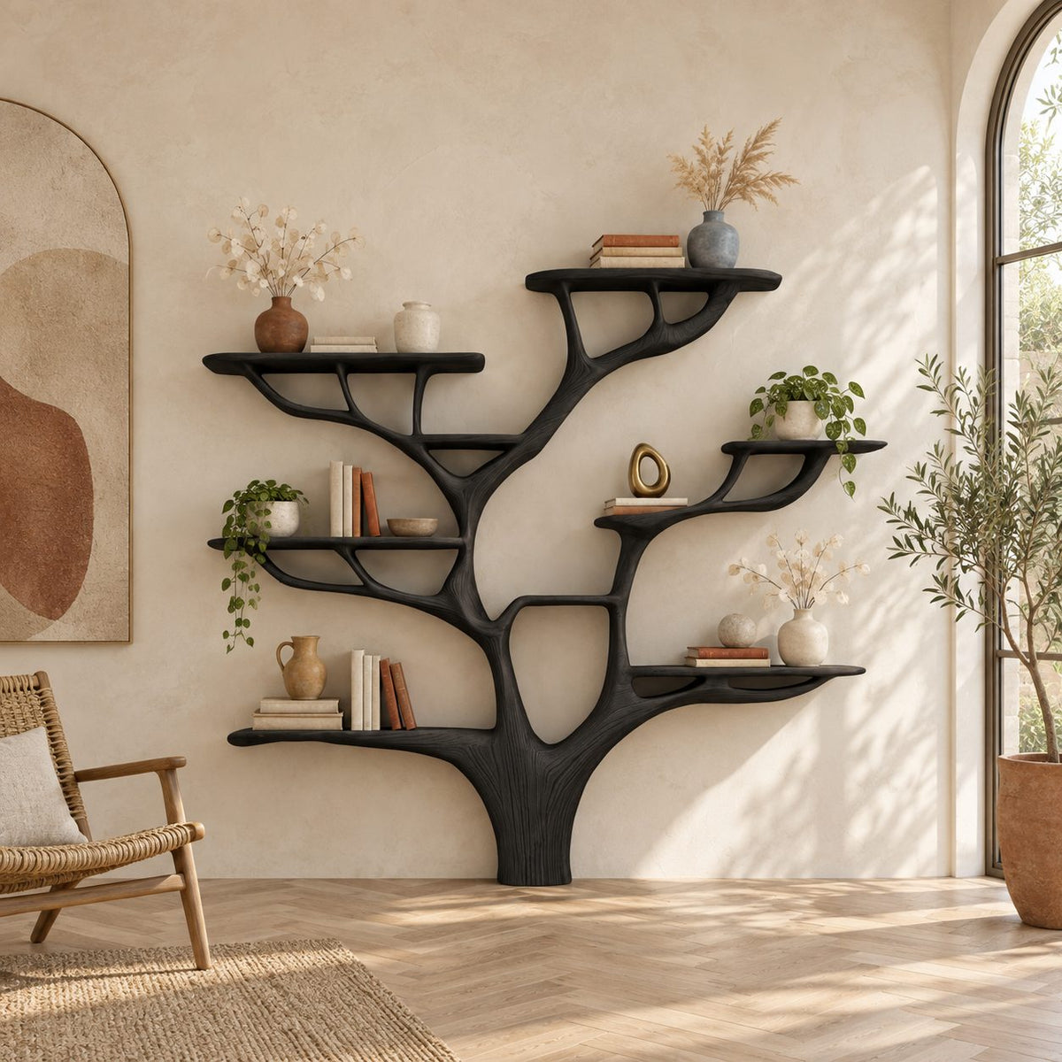 Artisan Tree Bookshelf With Sculpted Branch Shelves For Living Room