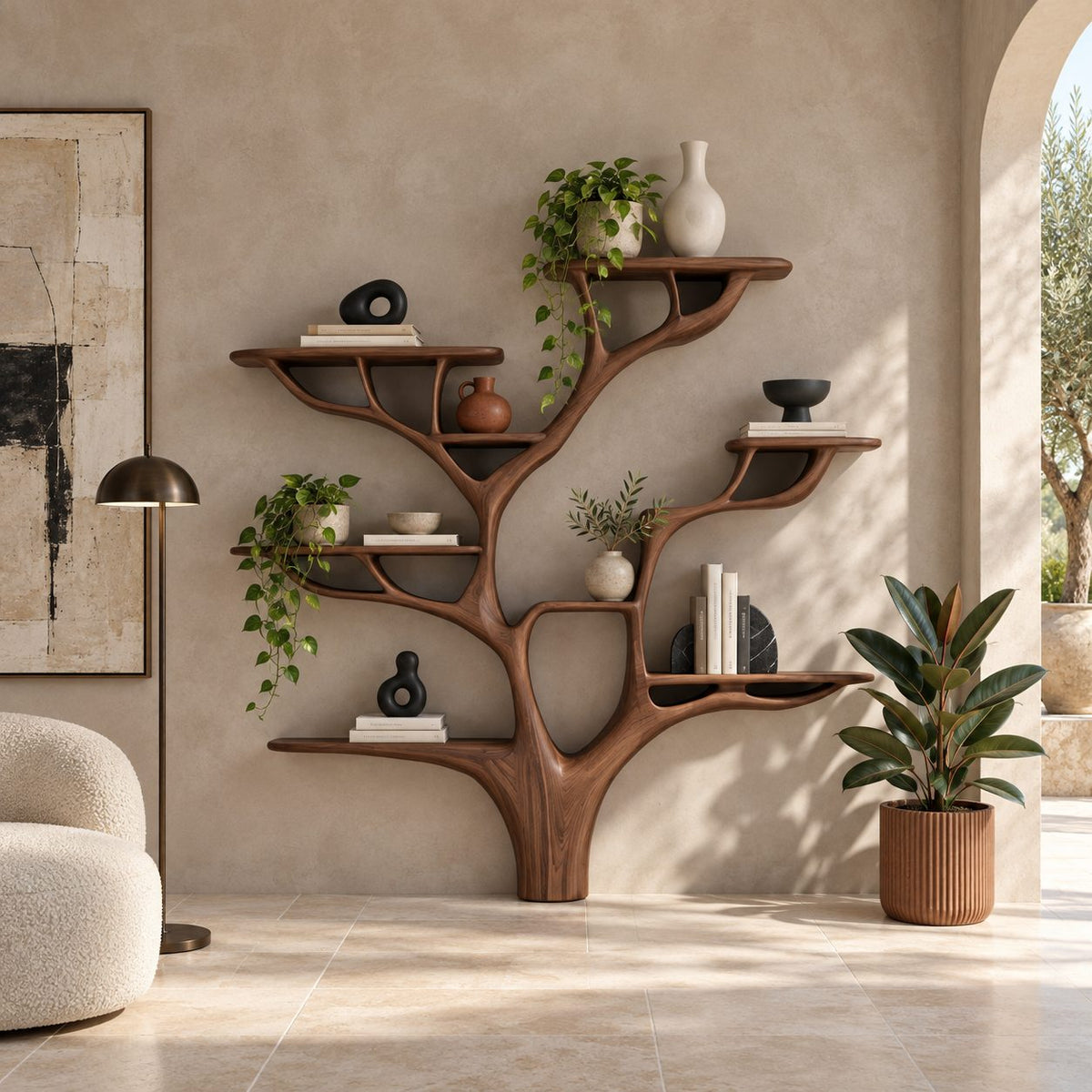 Artisan Tree Bookshelf With Sculpted Branch Shelves For Living Room