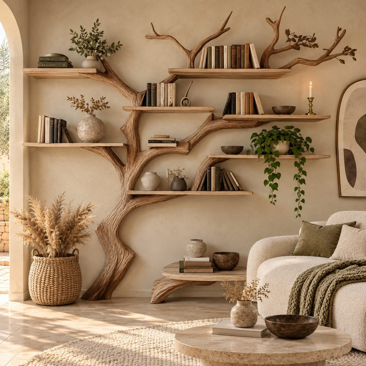 Woodland Wide Tree Bookshelf With Long Floating Shelves For Living Room
