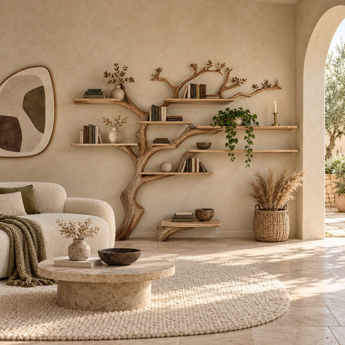 Woodland Wide Tree Bookshelf With Long Floating Shelves For Living Room