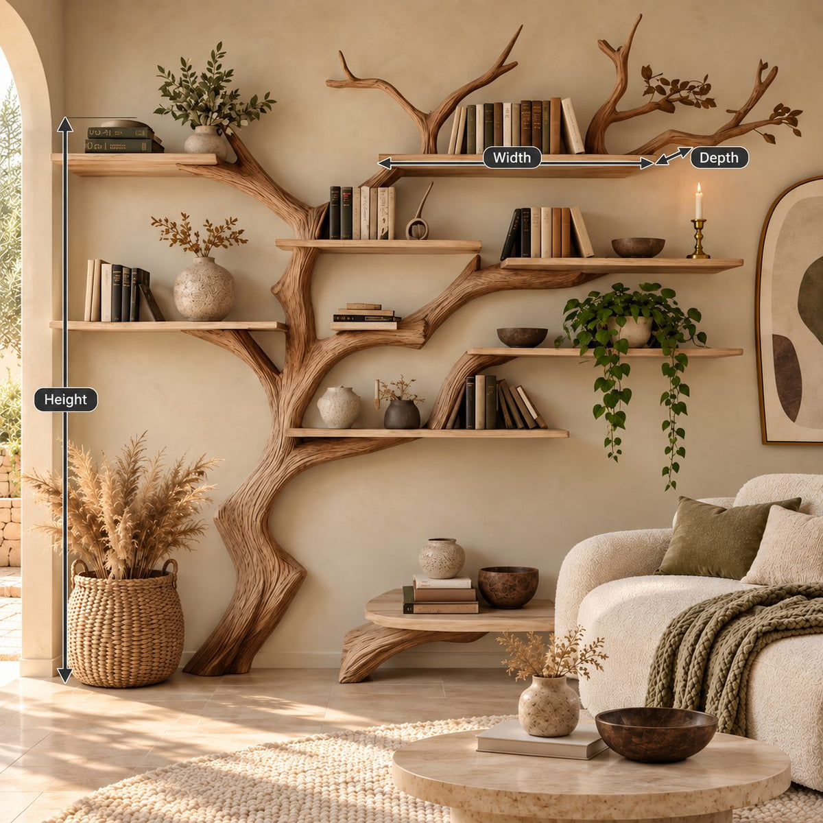 Woodland Wide Tree Bookshelf With Long Floating Shelves For Living Room