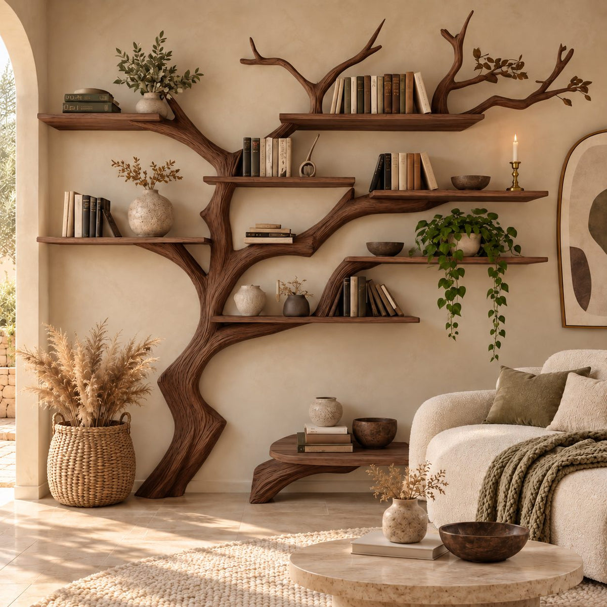 Woodland Wide Tree Bookshelf With Long Floating Shelves For Living Room