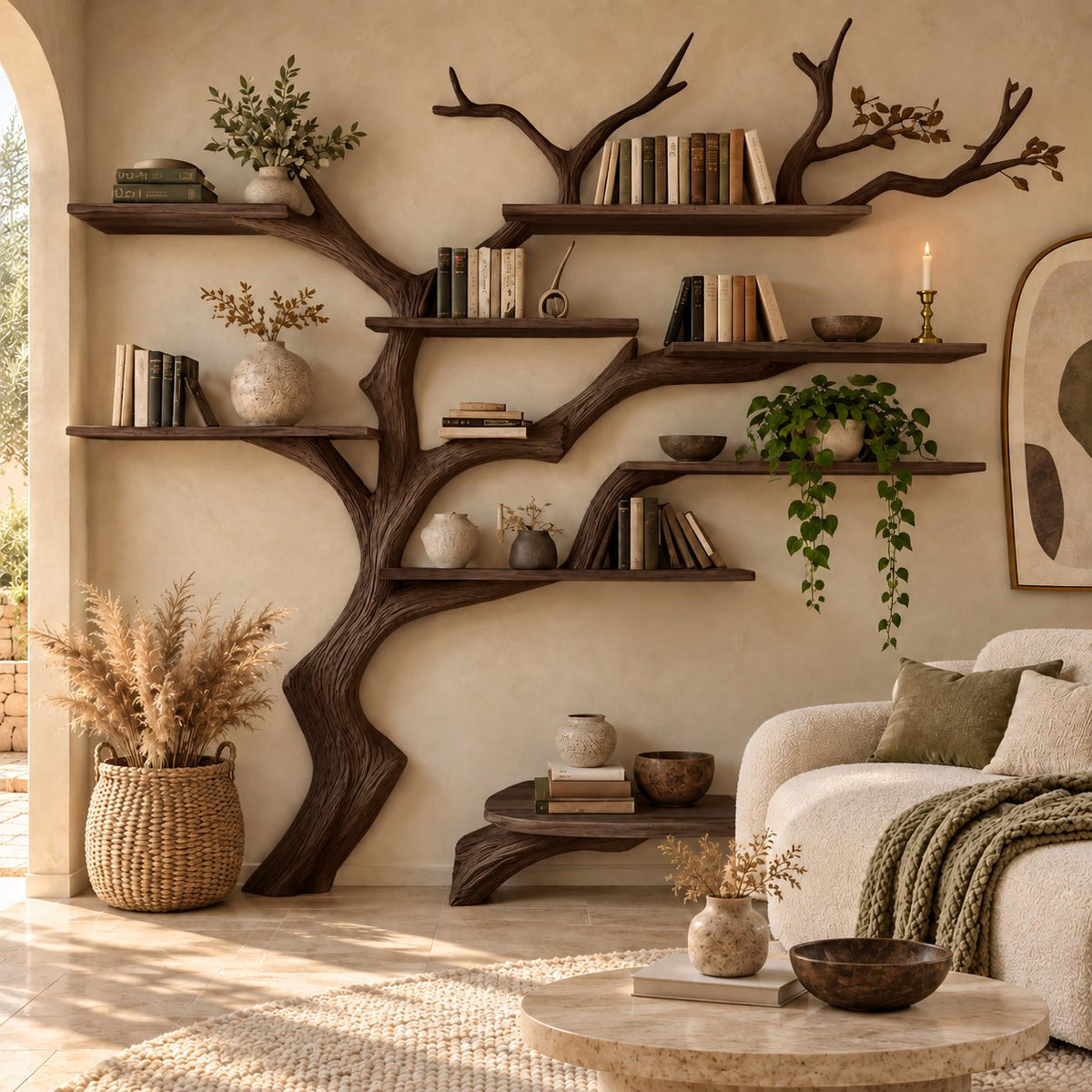 Woodland Wide Tree Bookshelf With Long Floating Shelves For Living Room