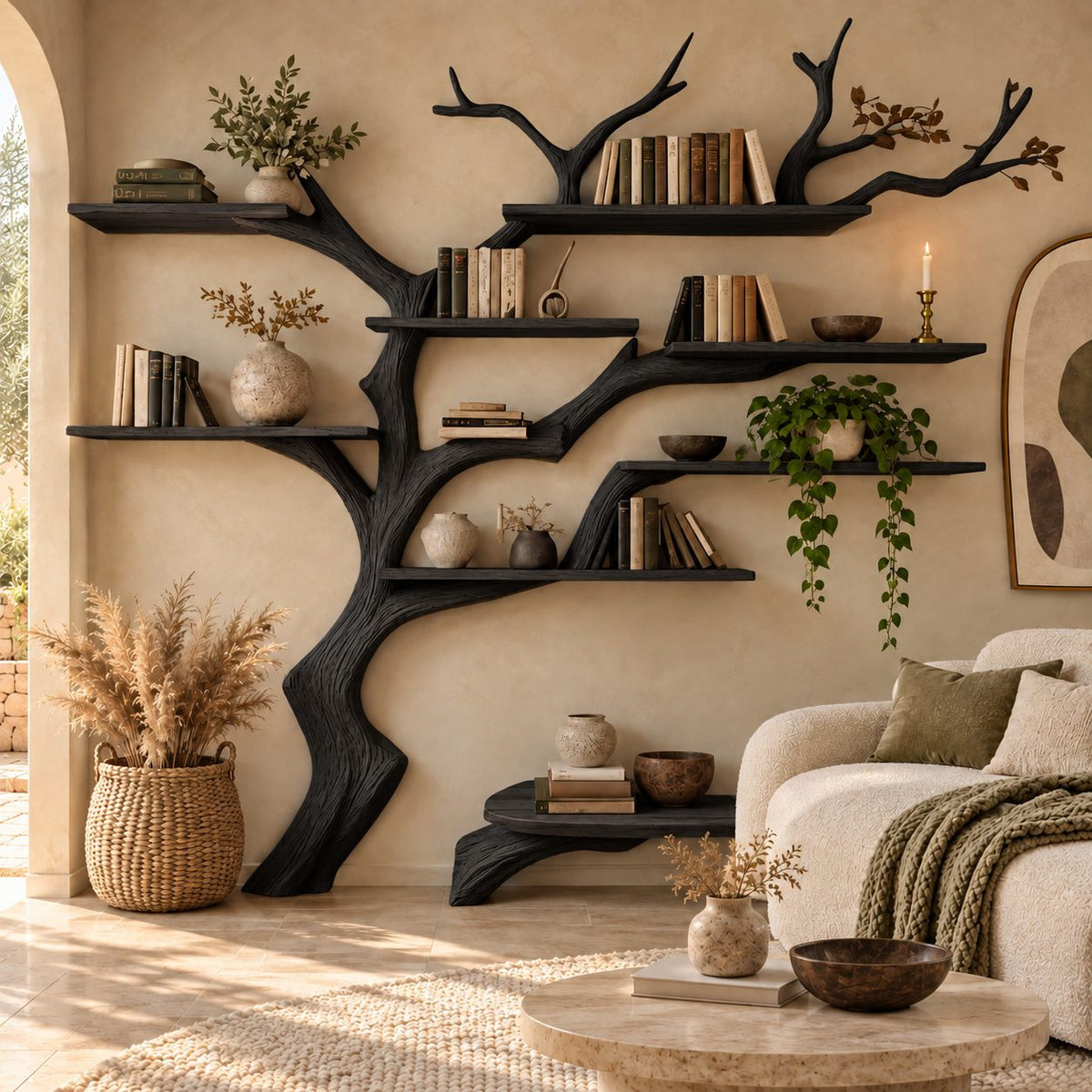 Woodland Wide Tree Bookshelf With Long Floating Shelves For Living Room