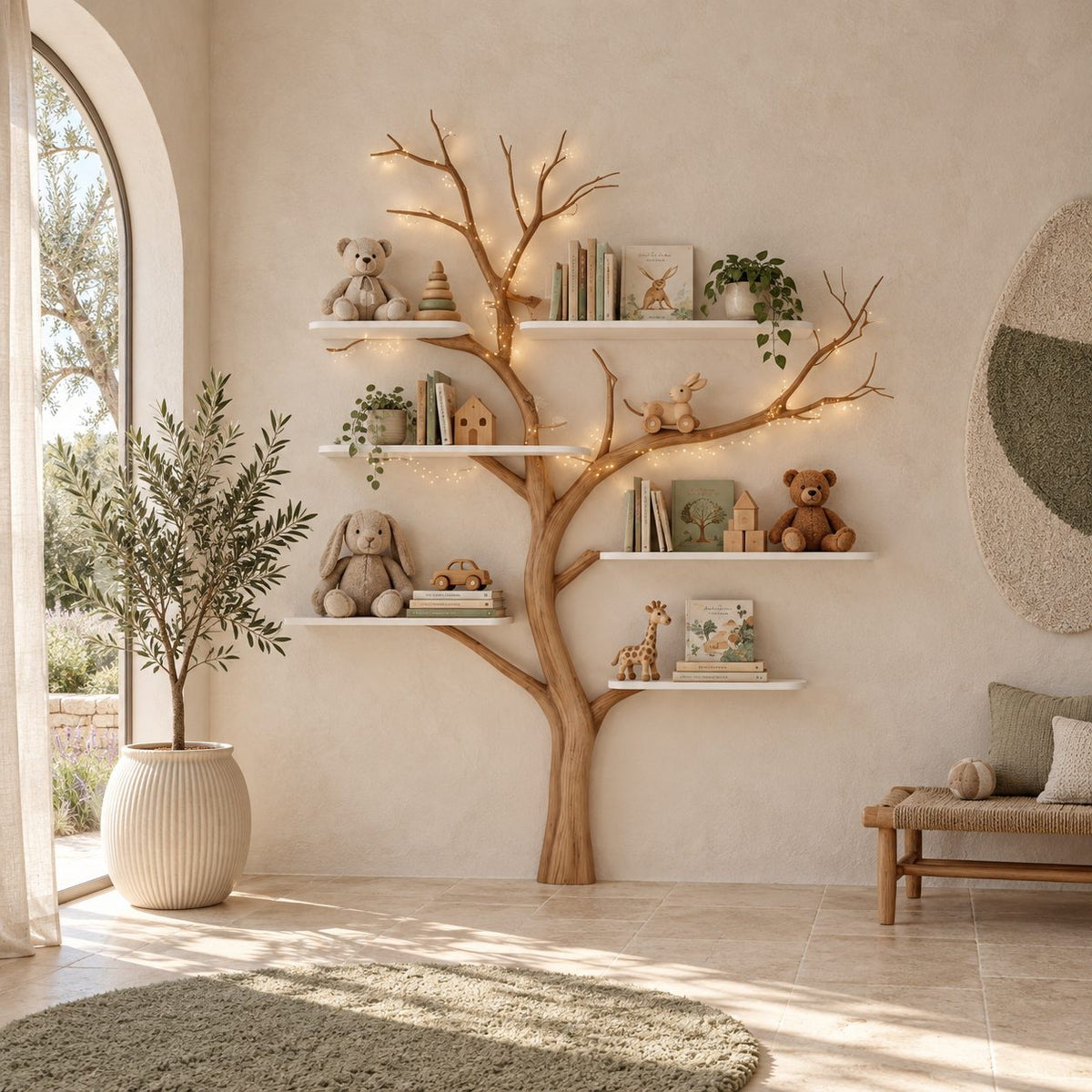 Mid Century Slim Trunk Tree Bookshelf With Floating Shelves For Nursery