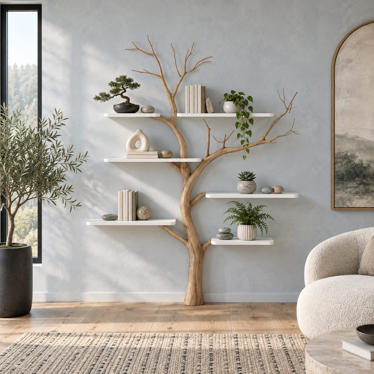 Mid Century Slim Trunk Tree Bookshelf With Floating Shelves For Nursery