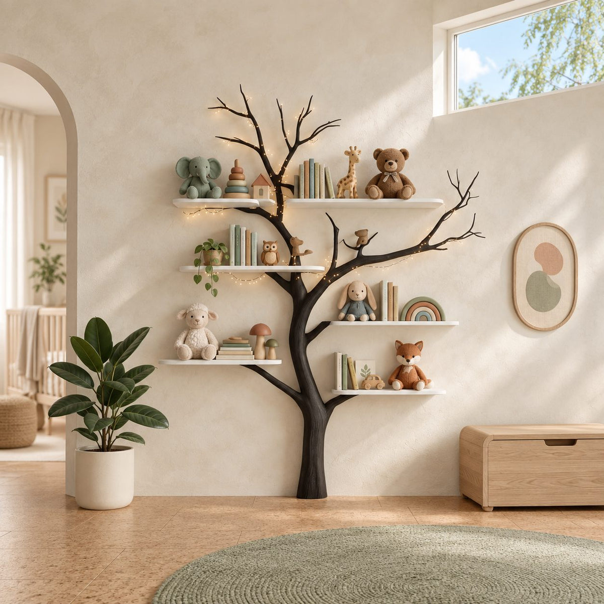 Mid Century Slim Trunk Tree Bookshelf With Floating Shelves For Nursery
