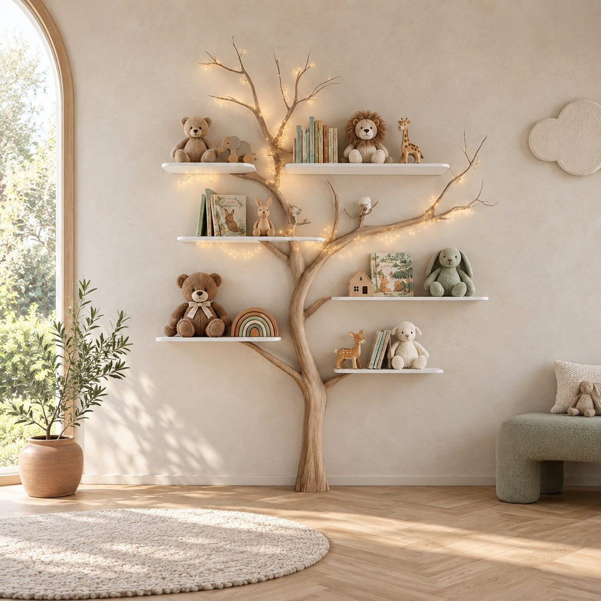 Mid Century Slim Trunk Tree Bookshelf With Floating Shelves For Nursery