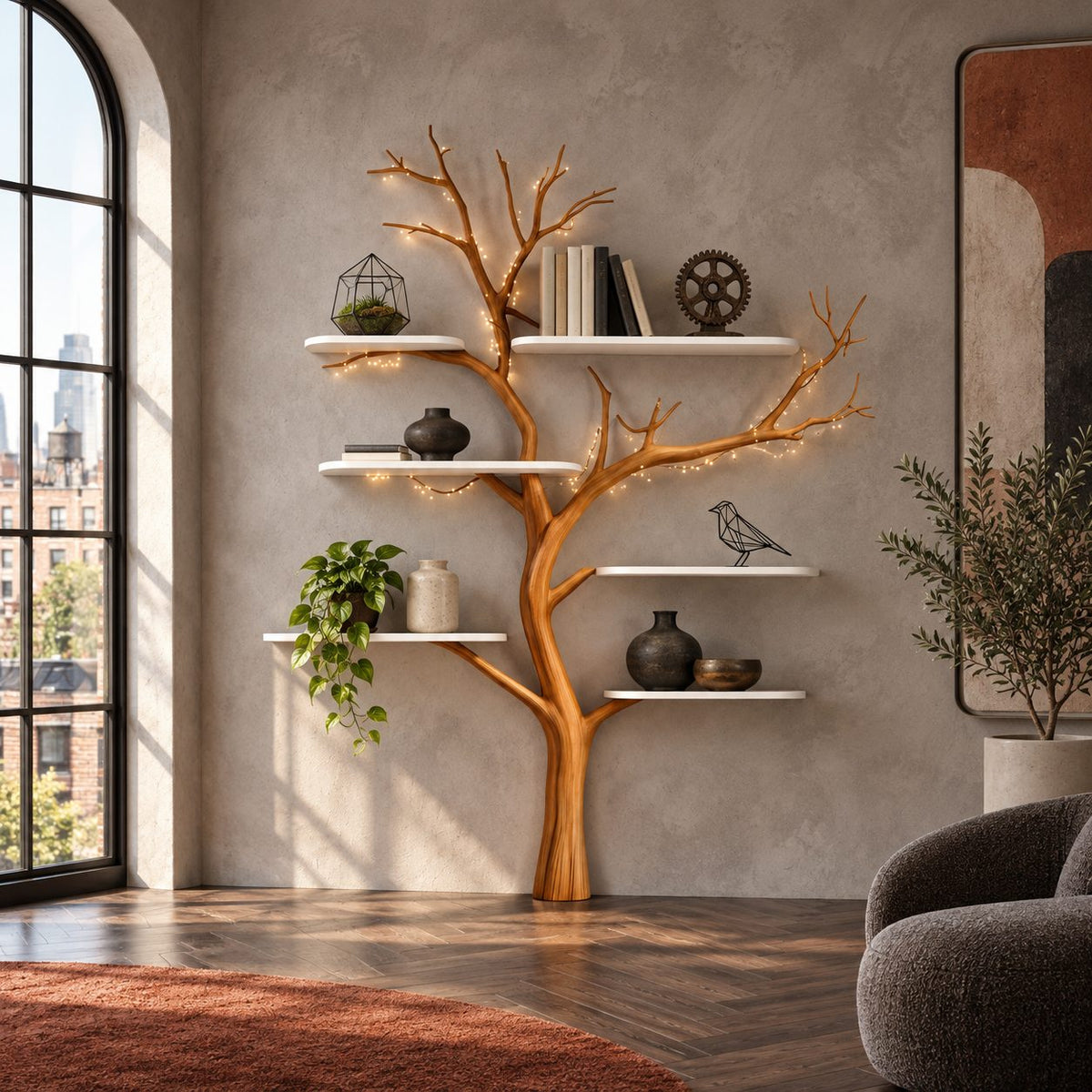 Mid Century Slim Trunk Tree Bookshelf With Floating Shelves For Nursery