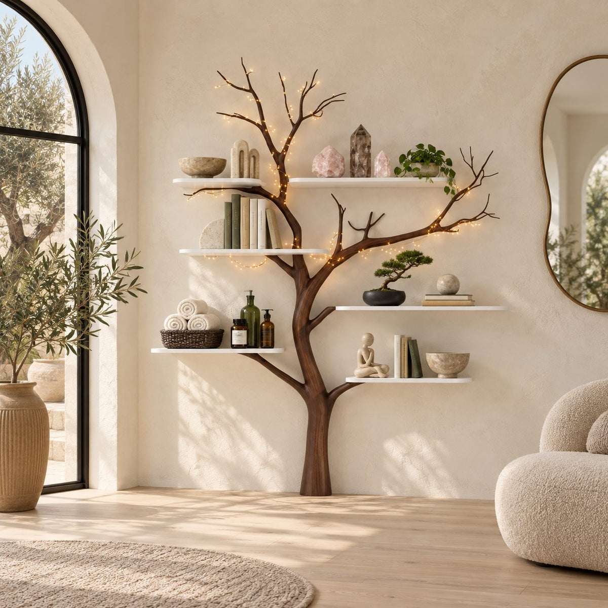 Mid Century Slim Trunk Tree Bookshelf With Floating Shelves For Nursery