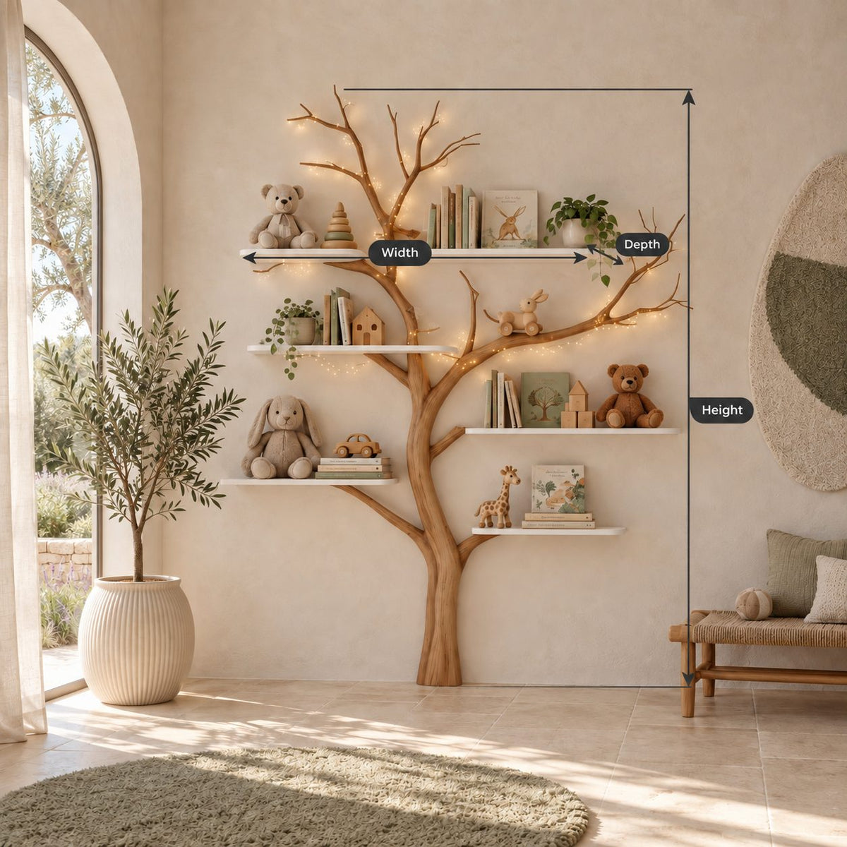 Mid Century Slim Trunk Tree Bookshelf With Floating Shelves For Nursery