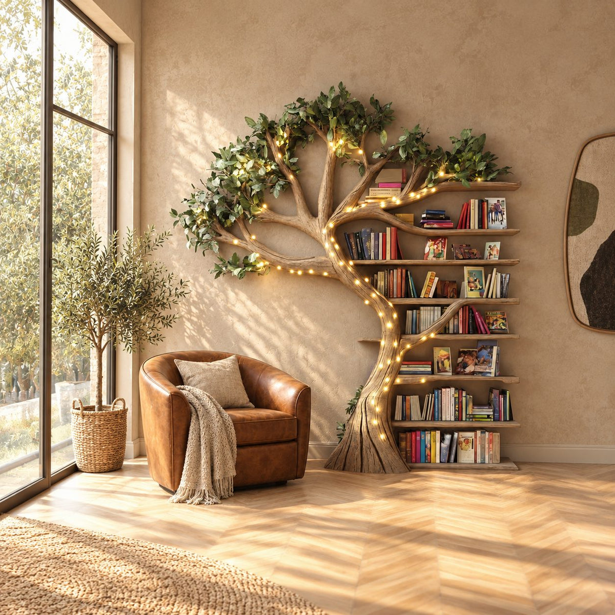 Storybook Wall Tree Bookshelf With Stacked Book Ledges For Reading Nook