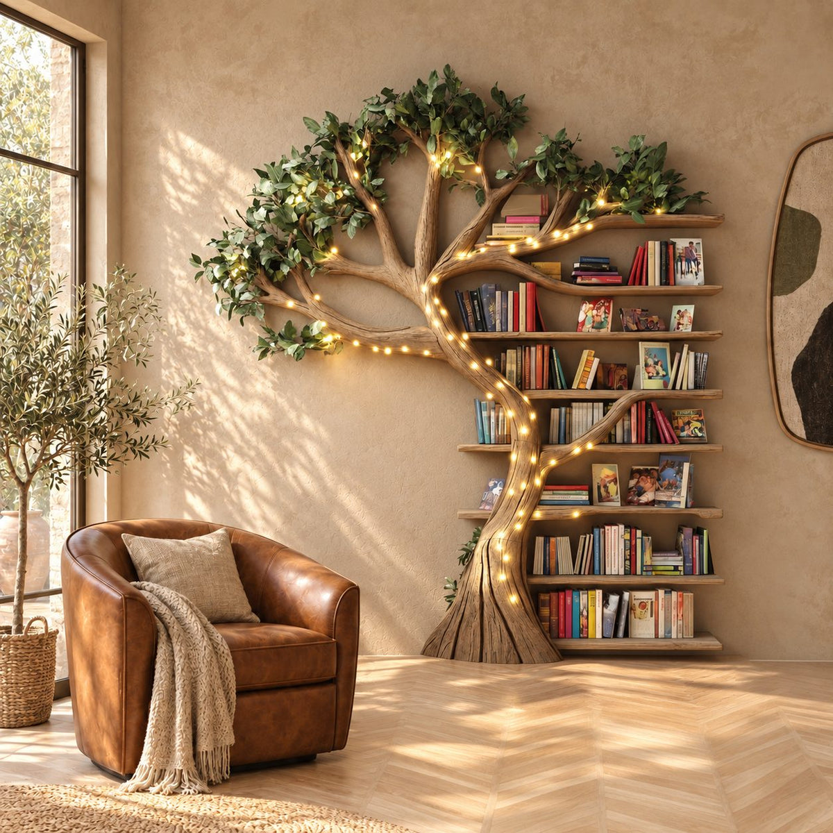 Storybook Wall Tree Bookshelf With Stacked Book Ledges For Reading Nook