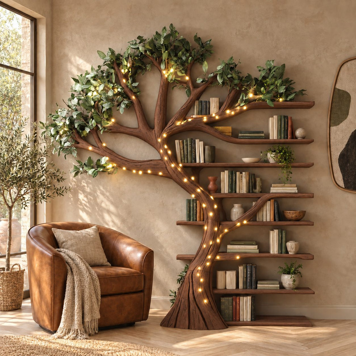 Storybook Wall Tree Bookshelf With Stacked Book Ledges For Reading Nook