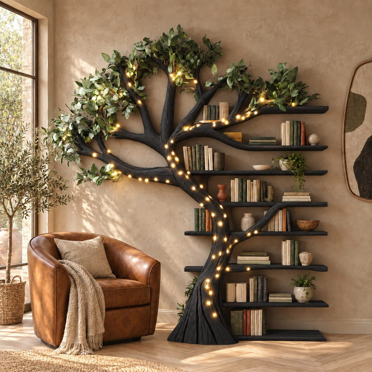 Storybook Wall Tree Bookshelf With Stacked Book Ledges For Reading Nook