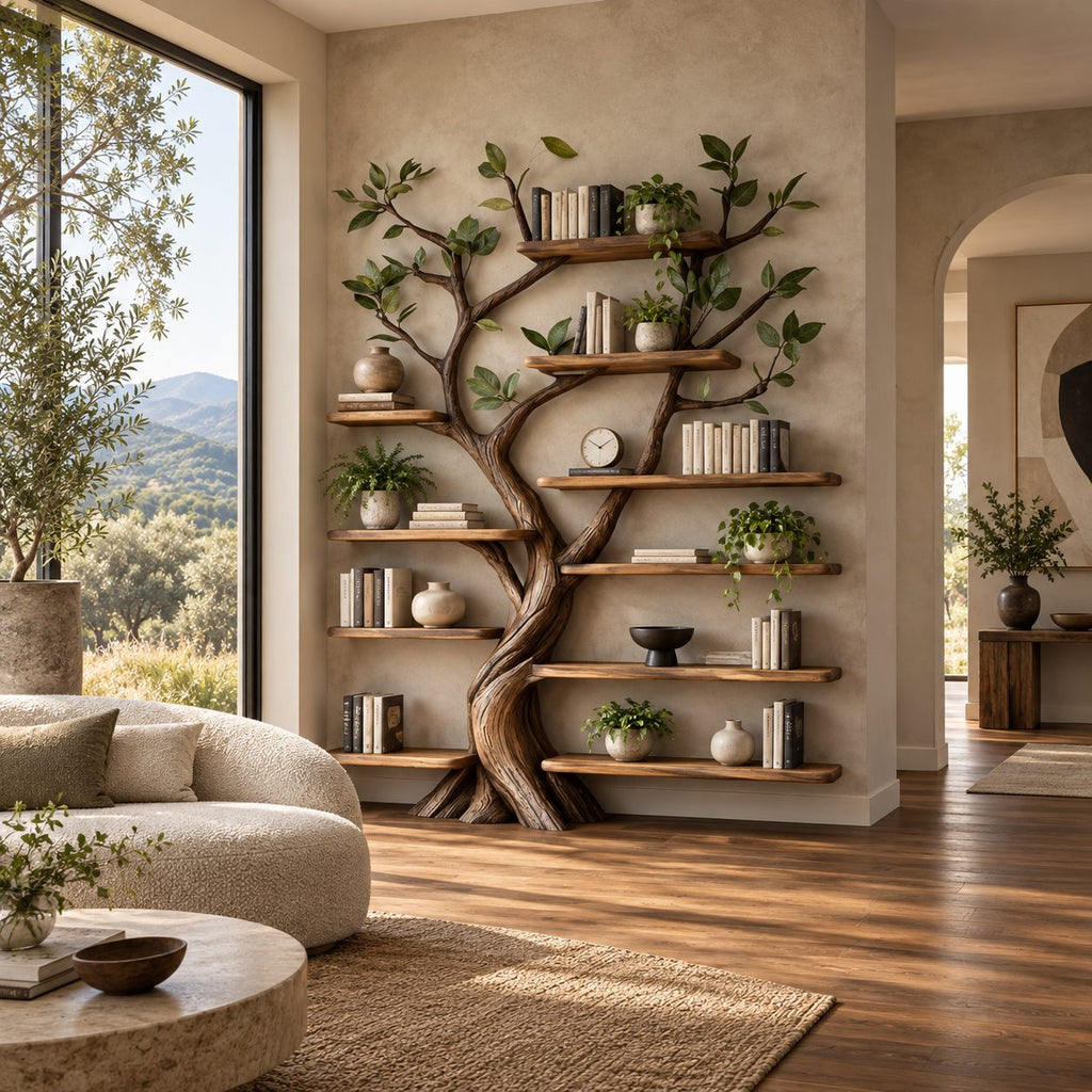 Organic Sculpted Tree Bookshelf With Staggered Wall Shelves For Home Office
