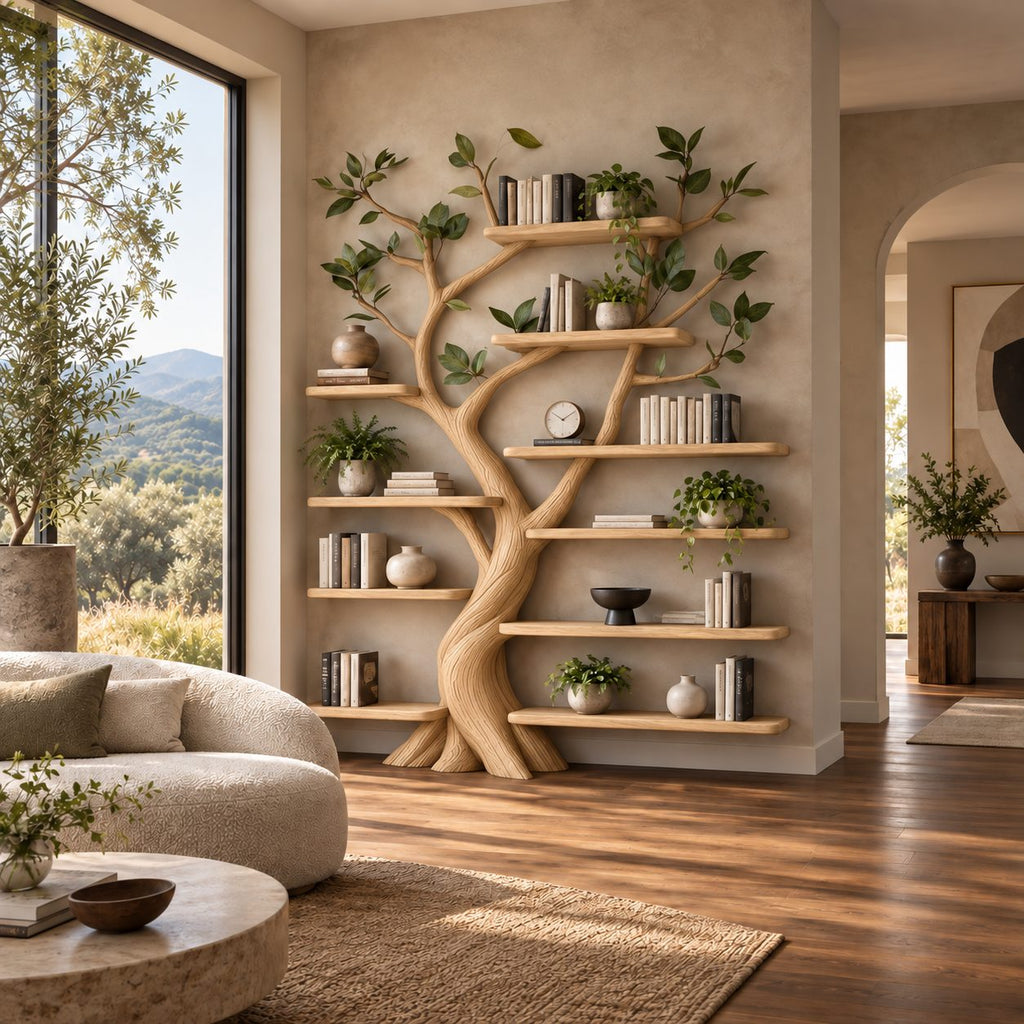 Organic Sculpted Tree Bookshelf With Staggered Wall Shelves For Home Office