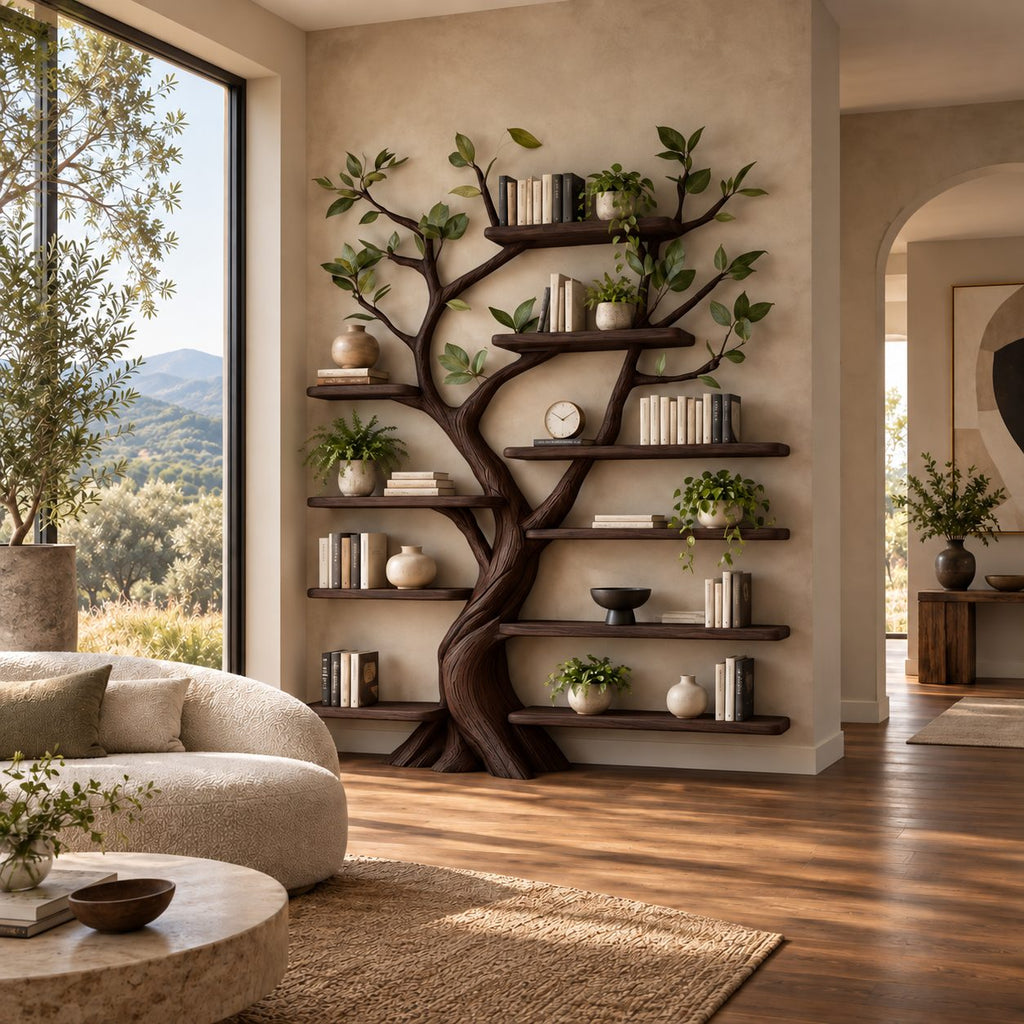 Organic Sculpted Tree Bookshelf With Staggered Wall Shelves For Home Office